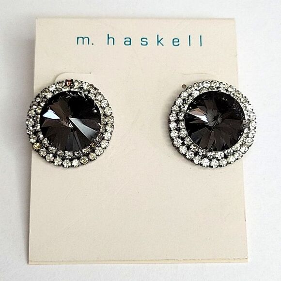 Round Charcoal Gray Silver Rhinestone Earrings Sparkly Vintage Inspired - Picture 1 of 5